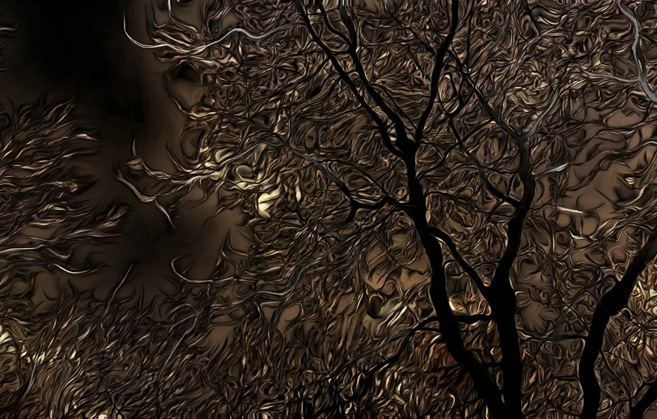 Фото обои осень, ночь, тучи, рендеринг, дерево, ветви, луна, мрак