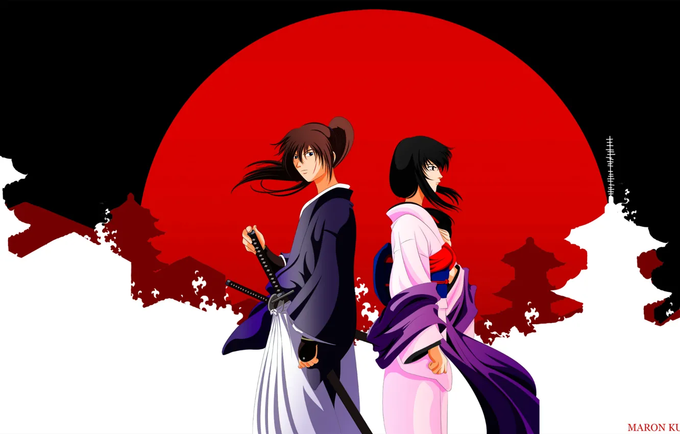 Фото обои солнце, япония, катана, кимоно, мечник, rurouni kenshin, tomoe yukishiro, samurai x