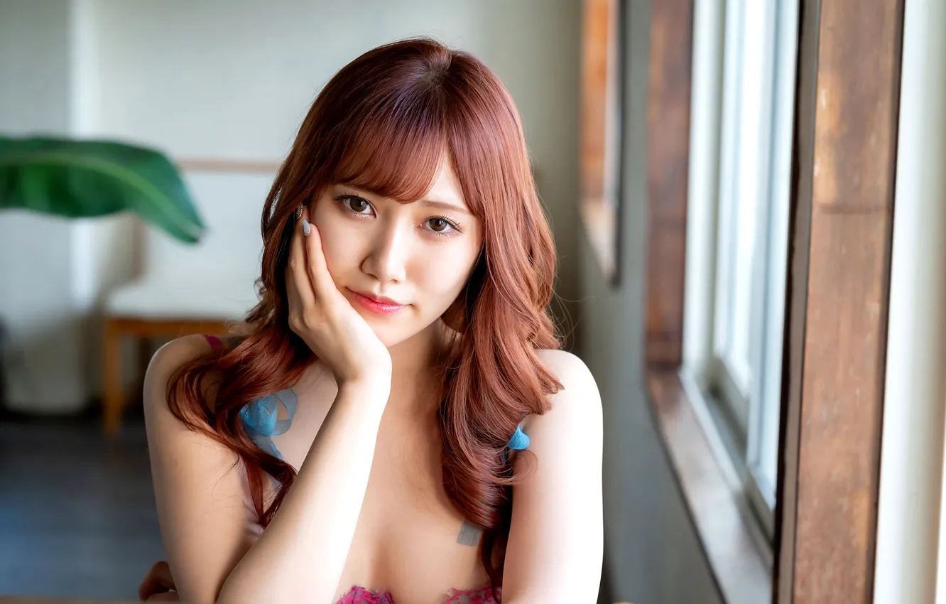 Фото обои Beautiful, Asian, Model, Woman, Pretty, Japanese, Red Hair, Close Up