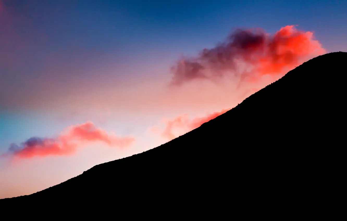 Фото обои небо, облака, закат, красное, гора, силуэт