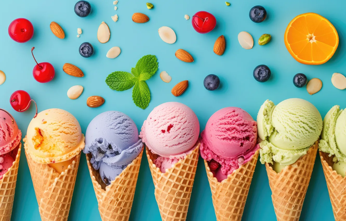 Фото обои ягоды, colorful, мороженое, фрукты, рожок, fruits, berries, ice cream