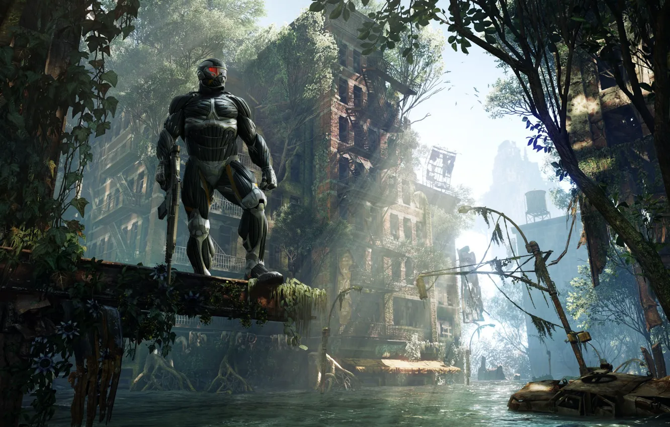 Фото обои город, апокалипсис, дома, джунгли, Crytek, Crysis 3, нанокастюм