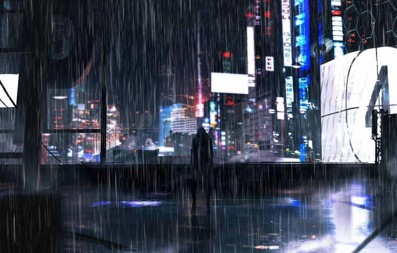 Фото обои Ночь, Город, Неон, Человек, Дождь, City, Night, Rain