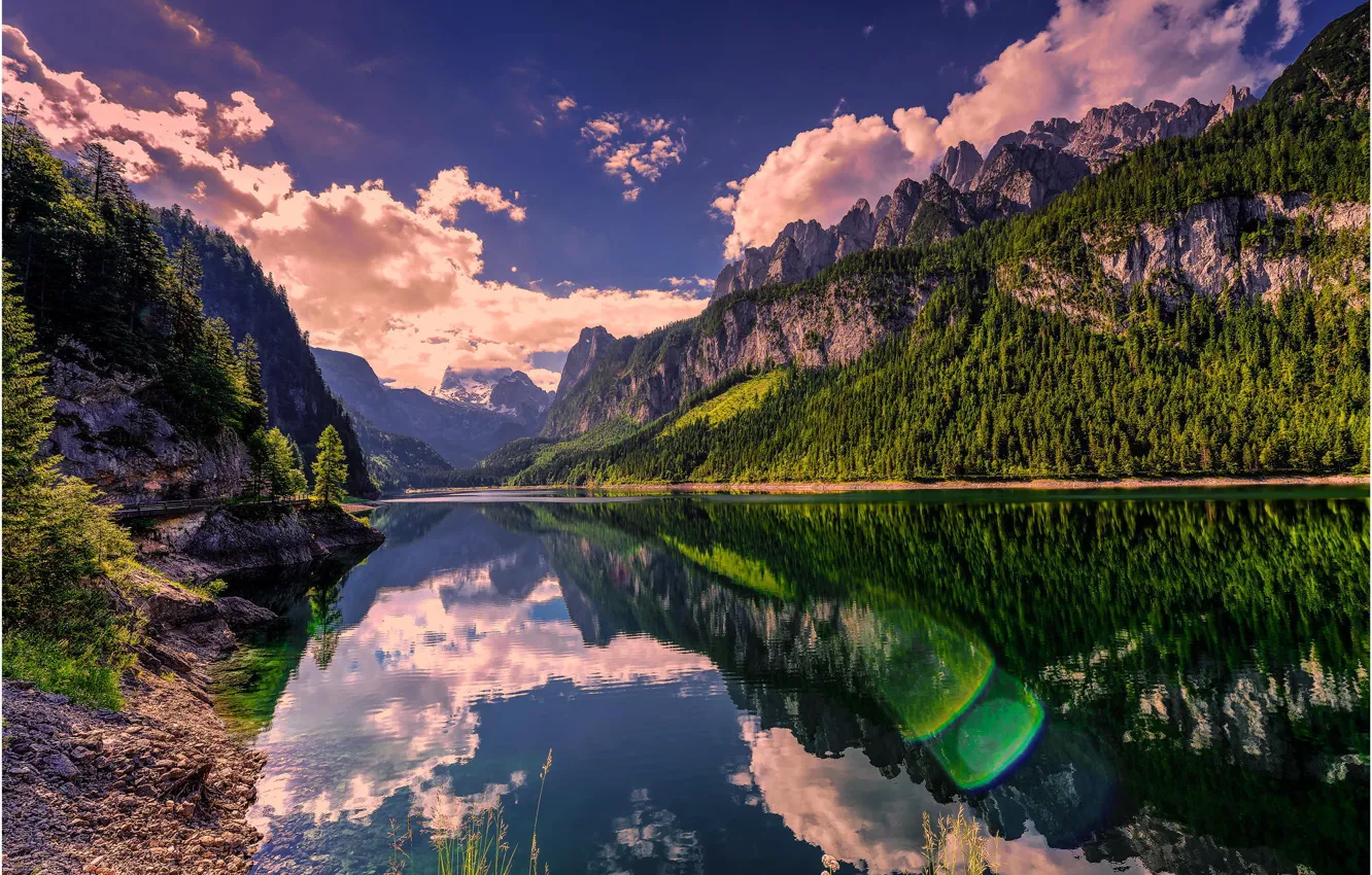Фото обои лес, лето, вода, горы, природа, озеро