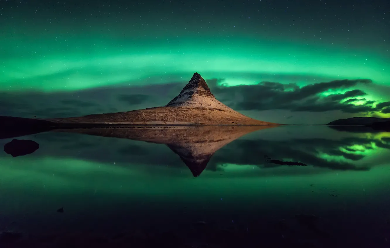 Фото обои звезды, отражение, гора, Исландия, mountain, stars, reflection, Iceland