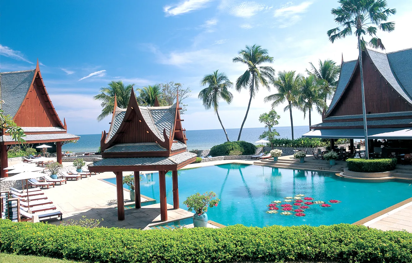 Фото обои пальмы, океан, бассейн, Thailand, курорт