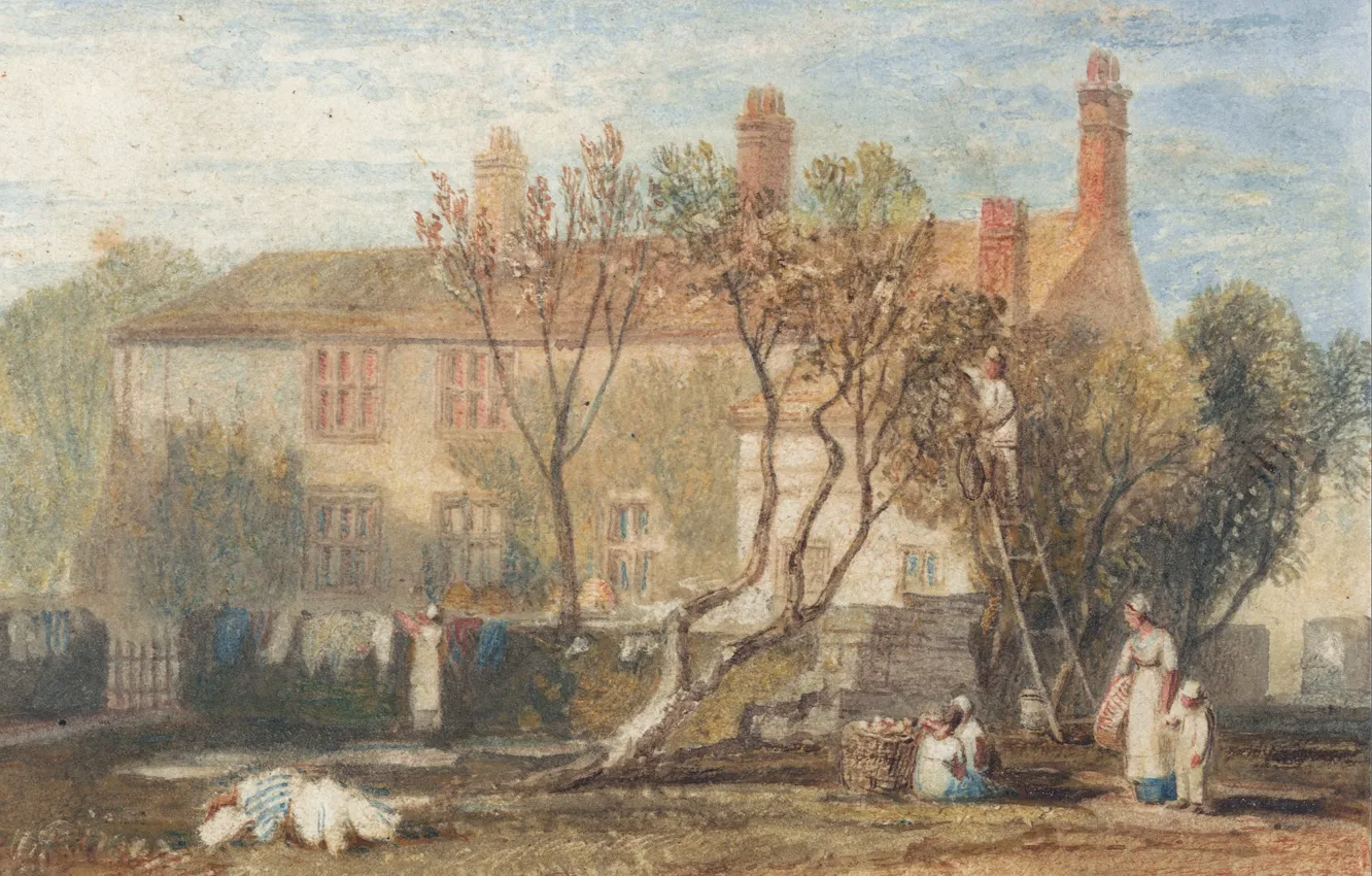 Фото обои пейзаж, дом, люди, картина, двор, акварель, Уильям Тёрнер, Near Farnley