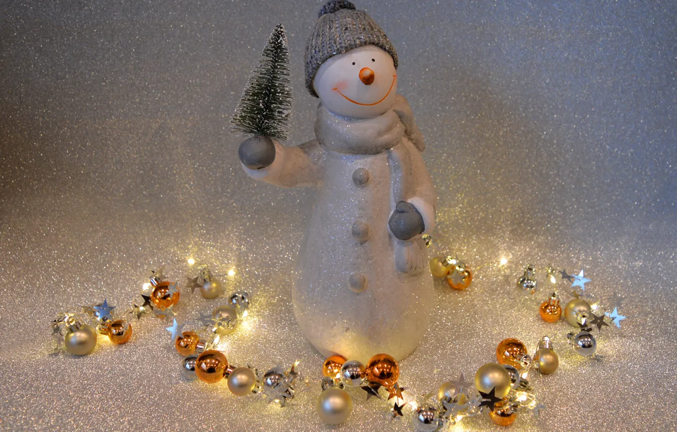 Фото обои зима, праздник, игрушка, огоньки, Рождество, Новый год, снеговик, гирлянда