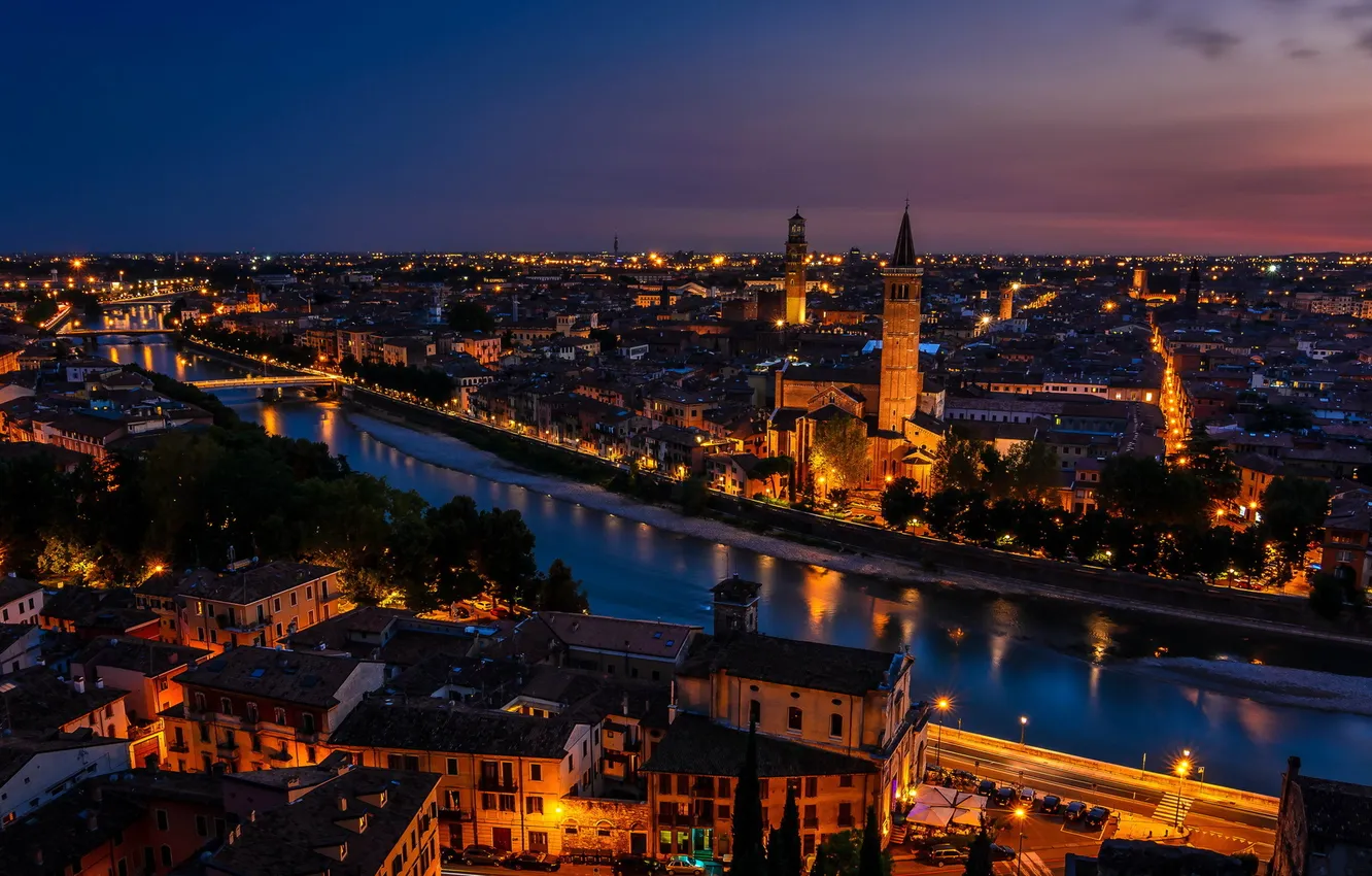 Фото обои ночь, город, Verona