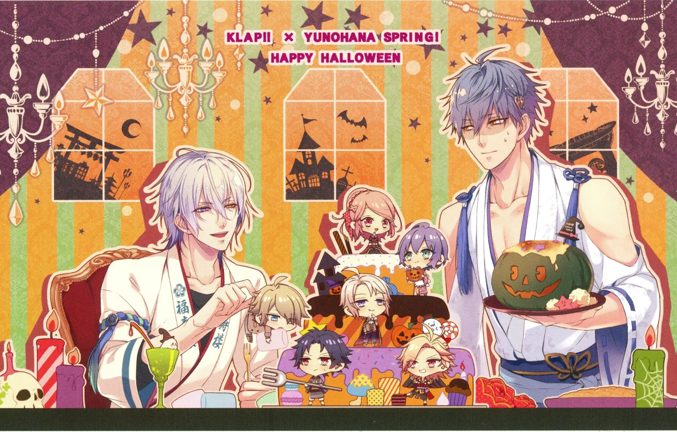 Фото обои торт, halloween, японская одежда, люстры, сервировка, два парня, чибики, тыква с глазами
