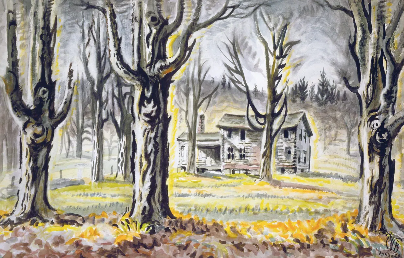 Фото обои Charles Ephraim Burchfield, 1953-58, Old Far House and Maple Trees