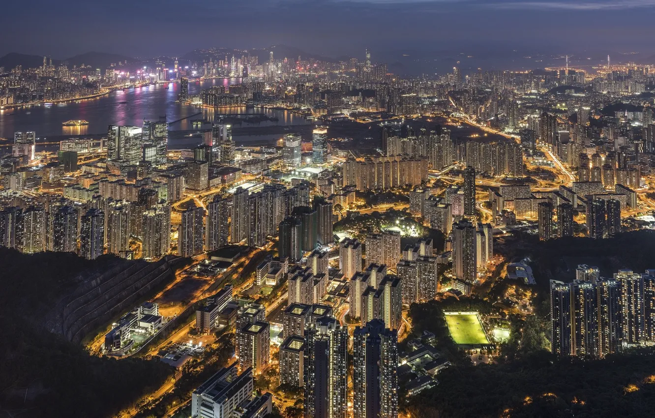 Фото обои город, огни, Гонконг, панорама, Китай, Hong Kong