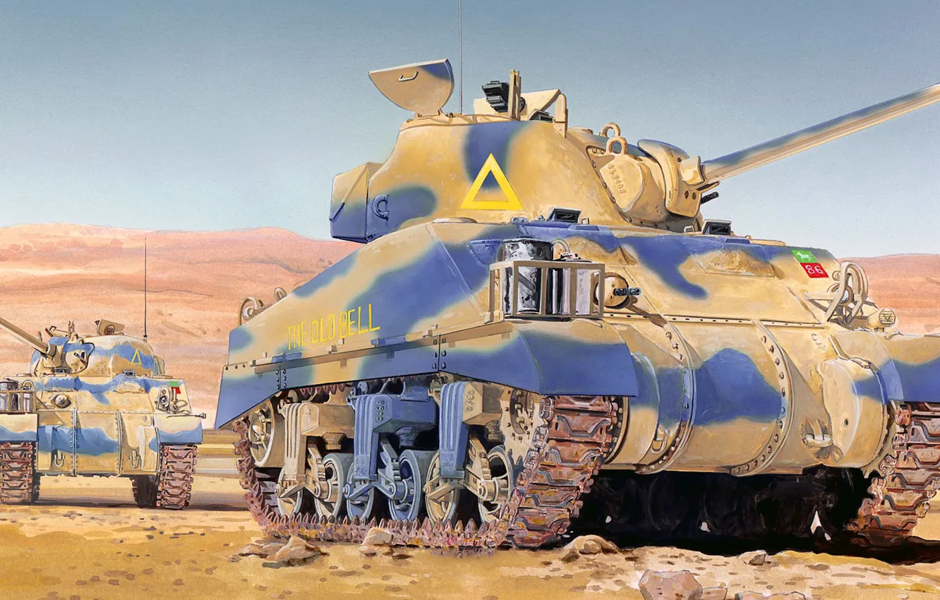 Фото обои пустыня, рисунок, арт, Sherman, Mk.III
