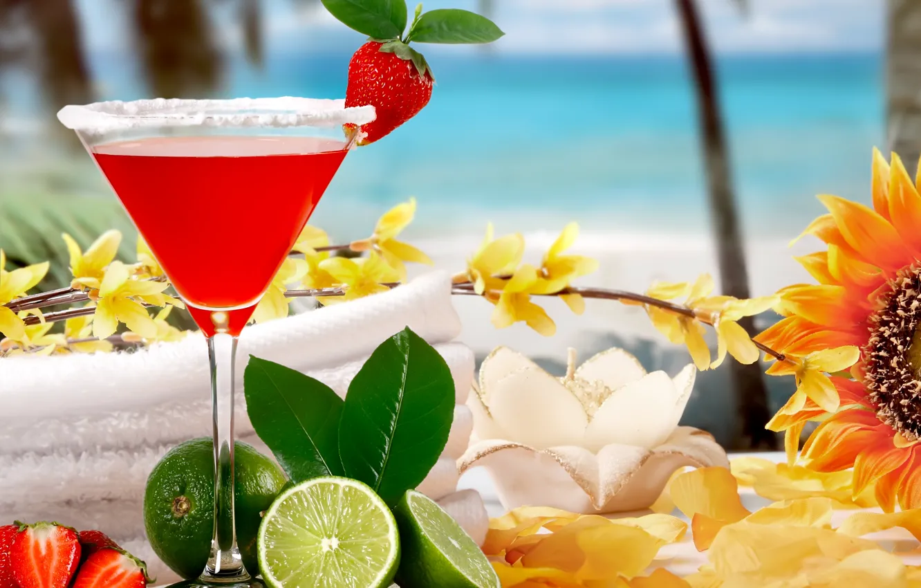 Фото обои море, клубника, коктейль, лайм, фрукты, fresh, drink, cocktail