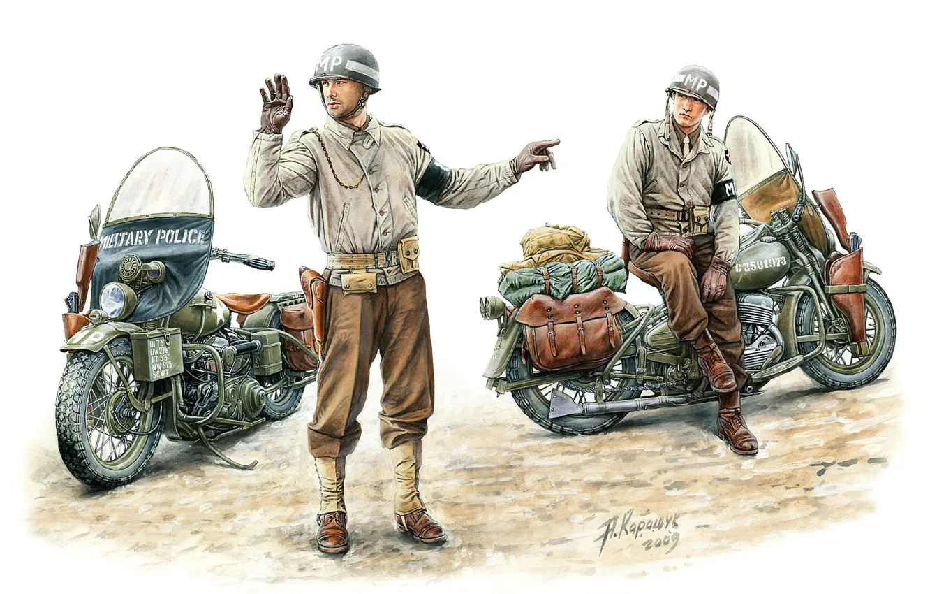 Фото обои модель, полиция, арт, художник, солдаты, США, американская, Harley-Davidson