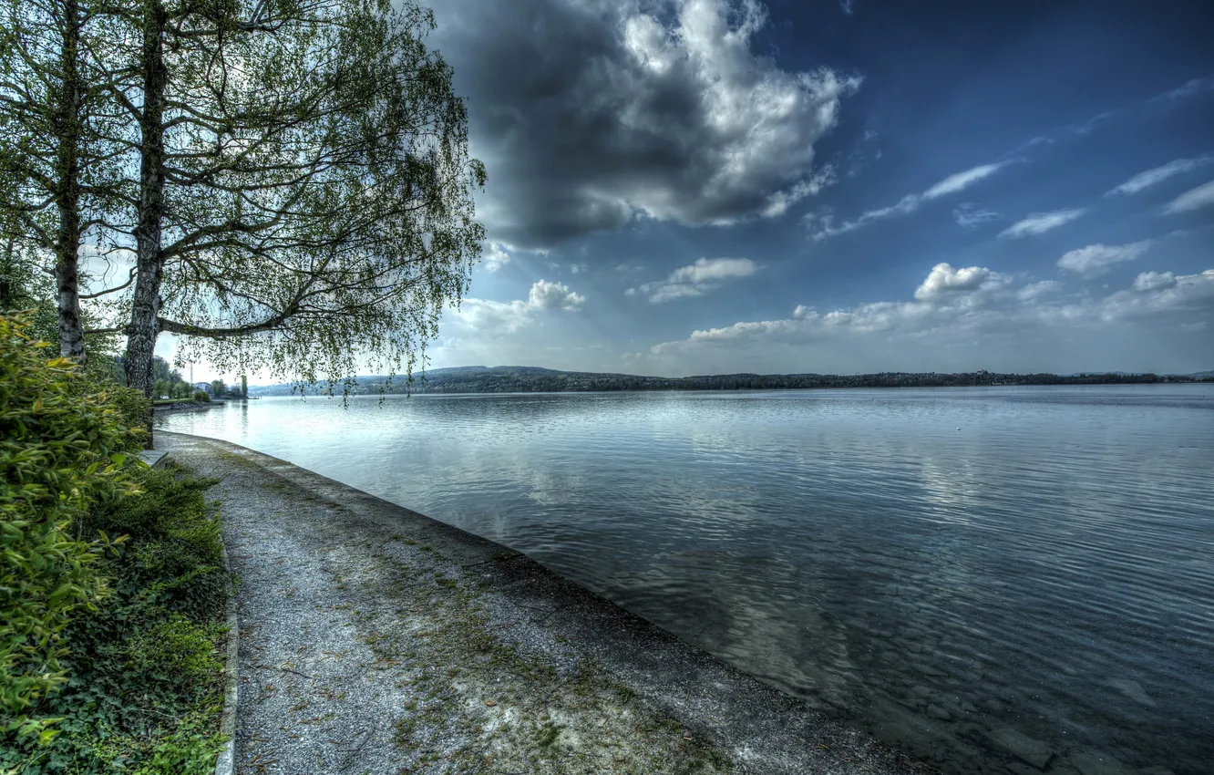 Фото обои облака, деревья, озеро, Швейцария, hdr, набережная, Berlingen