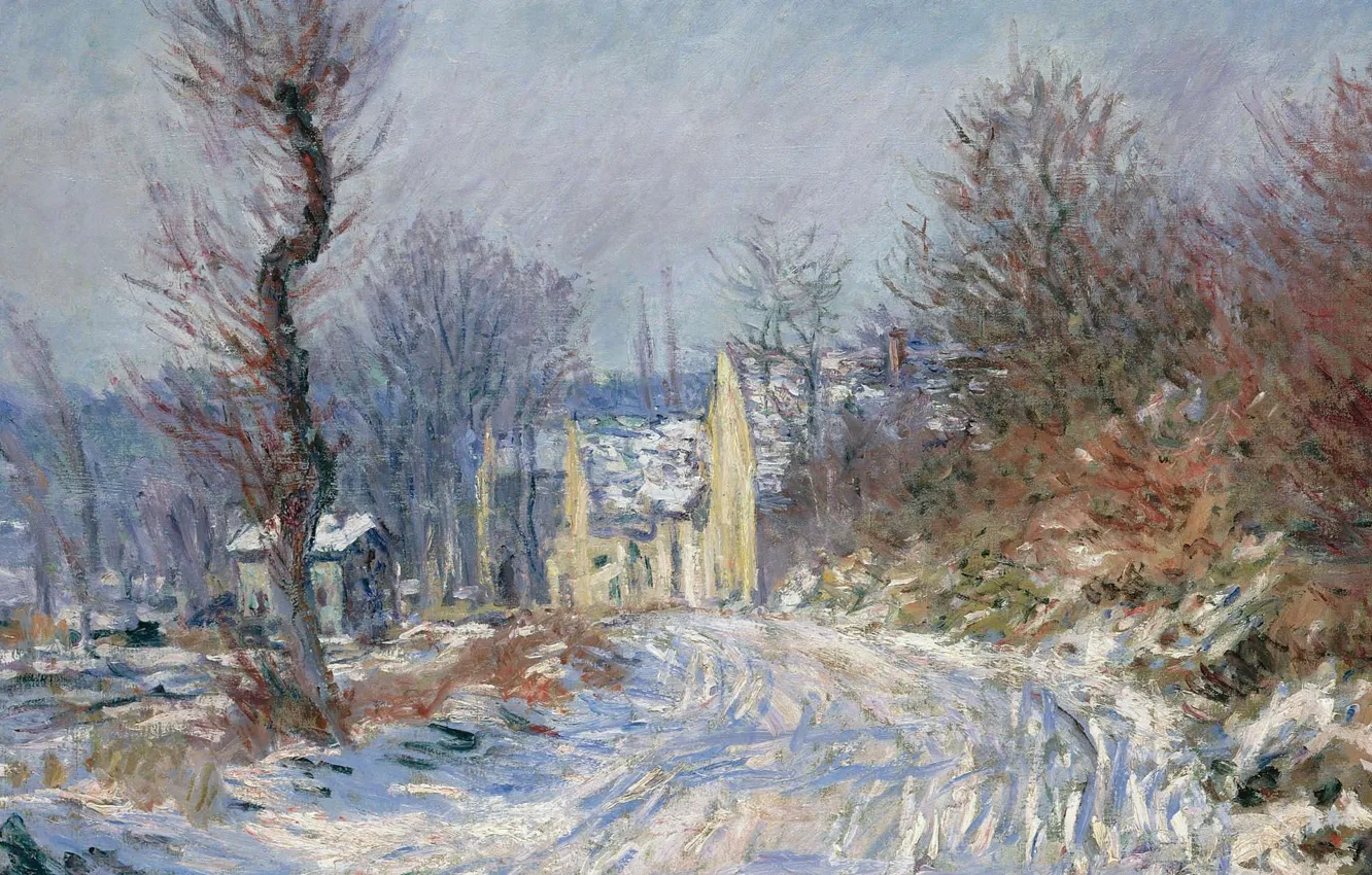 Фото обои снег, пейзаж, дом, дерево, картина, Claude Monet, Клод Моне, Дорога в Живерни Зимой