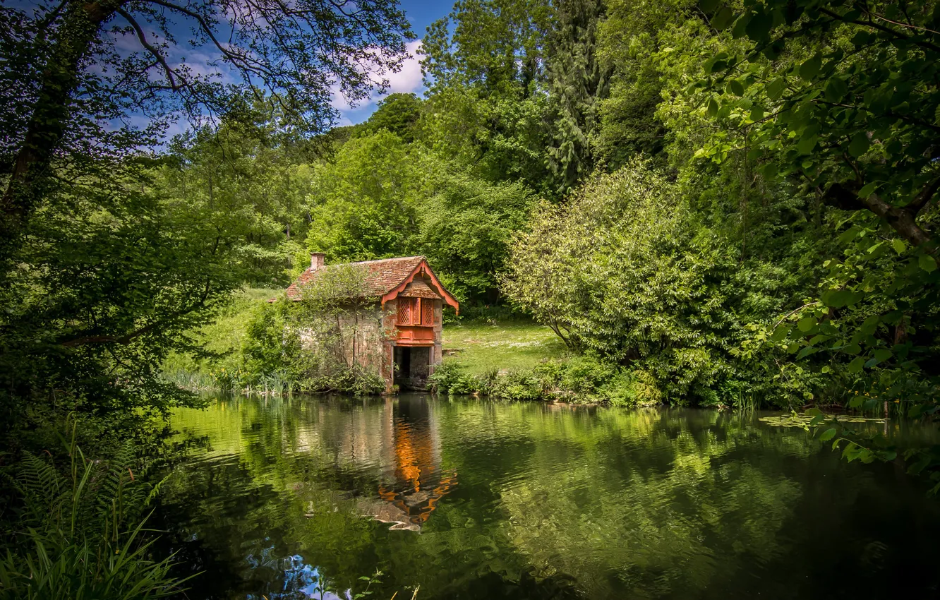 Фото обои деревья, река, Англия, домик, England, Котсуолдс, Cotswolds, Stroud District