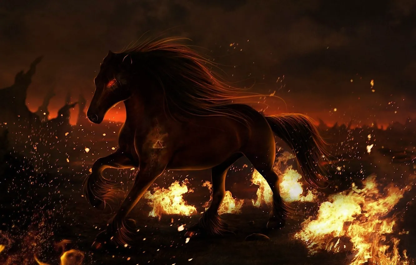 Фото обои огонь, животное, конь, лошадь, грива, Фантастика, копыта
