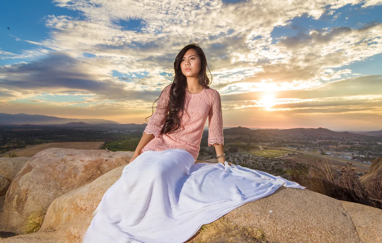 Фото обои закат, волосы, rock, рок, sunset, hair, white sheet, pink blouse