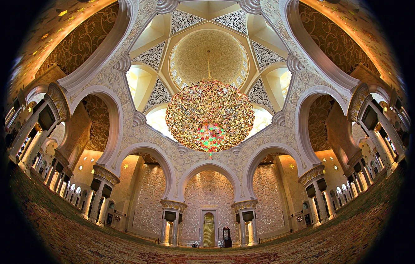 Фото обои люстра, архитектура, купол, религия, ОАЭ, Абу-Даби, мечеть шейха Зайда