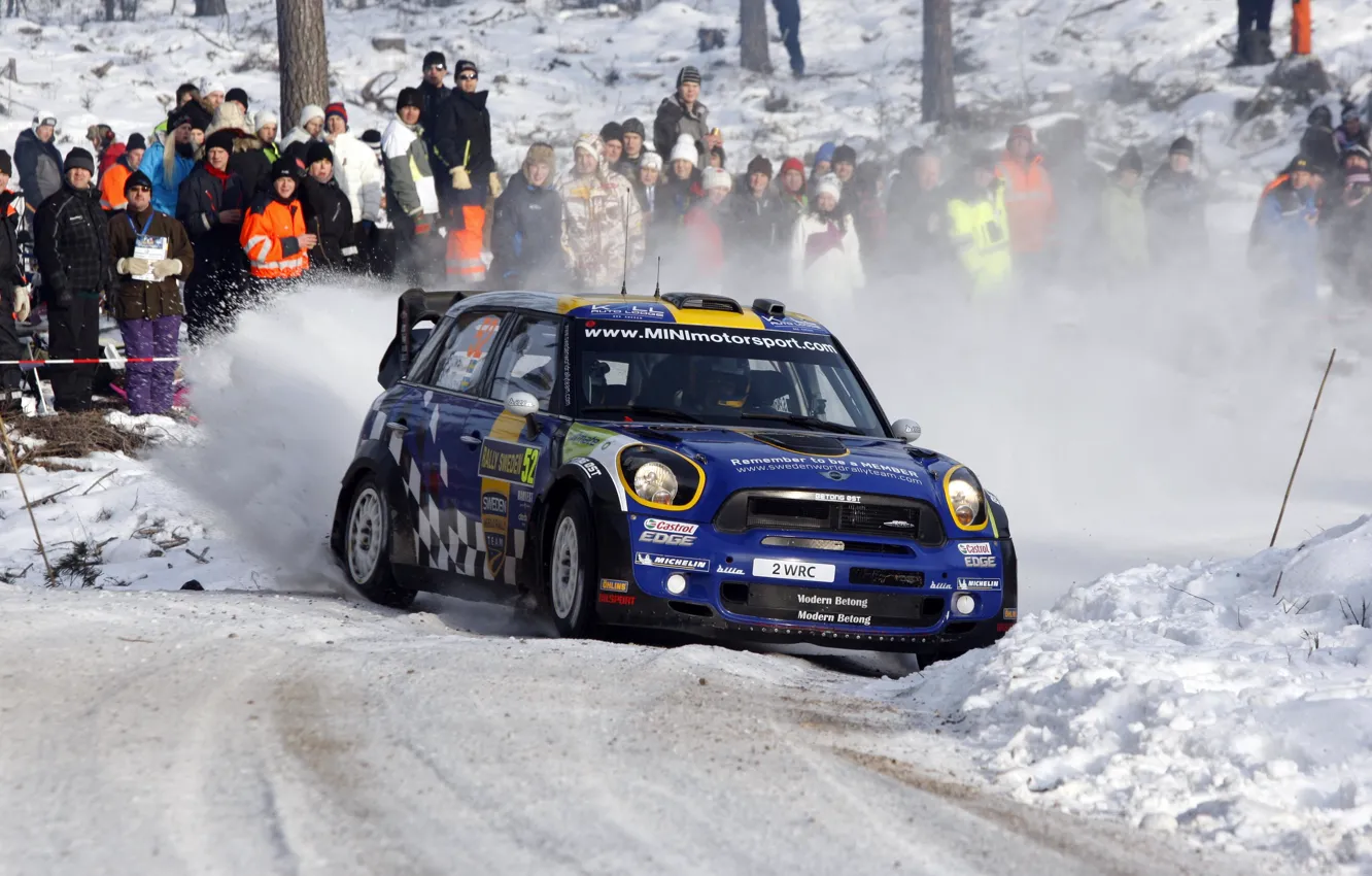 Фото обои Зима, Синий, Снег, Люди, Занос, Mini Cooper, WRC, передок