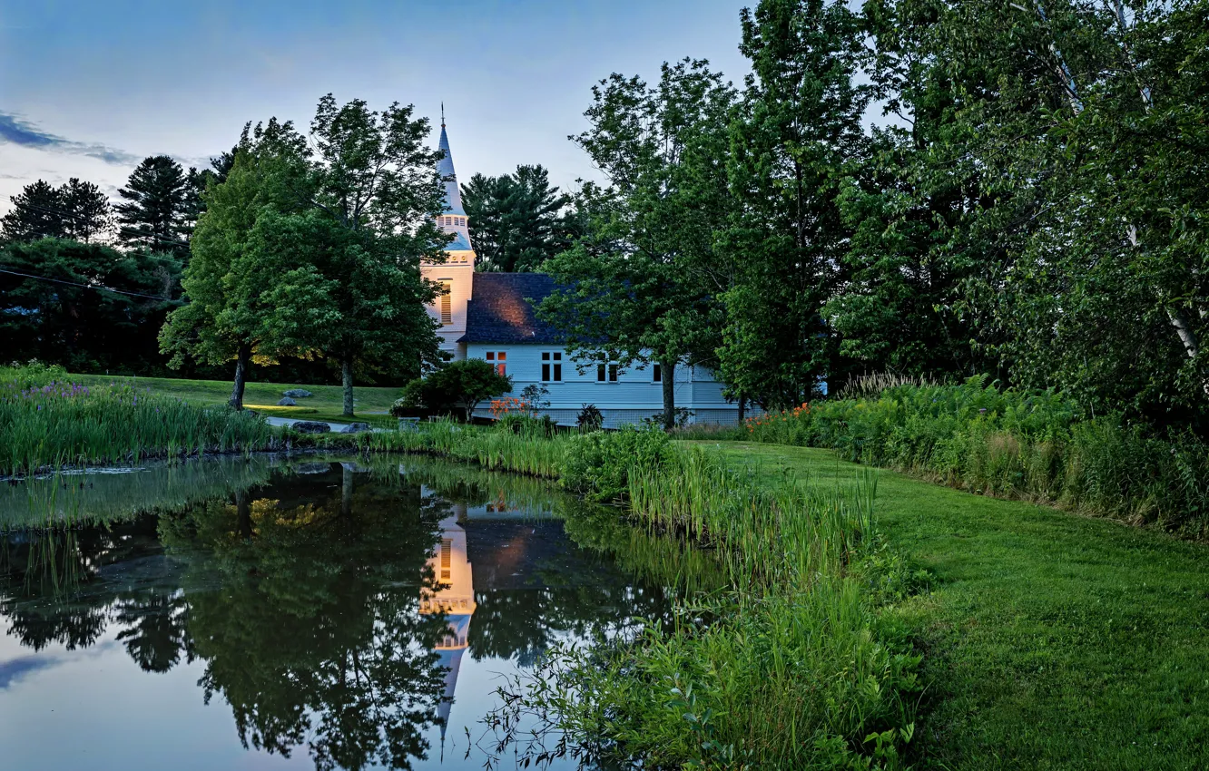 Фото обои пейзаж, город, дом, пруд, церковь, США, Нью-Гэмпшир, New Hampshire