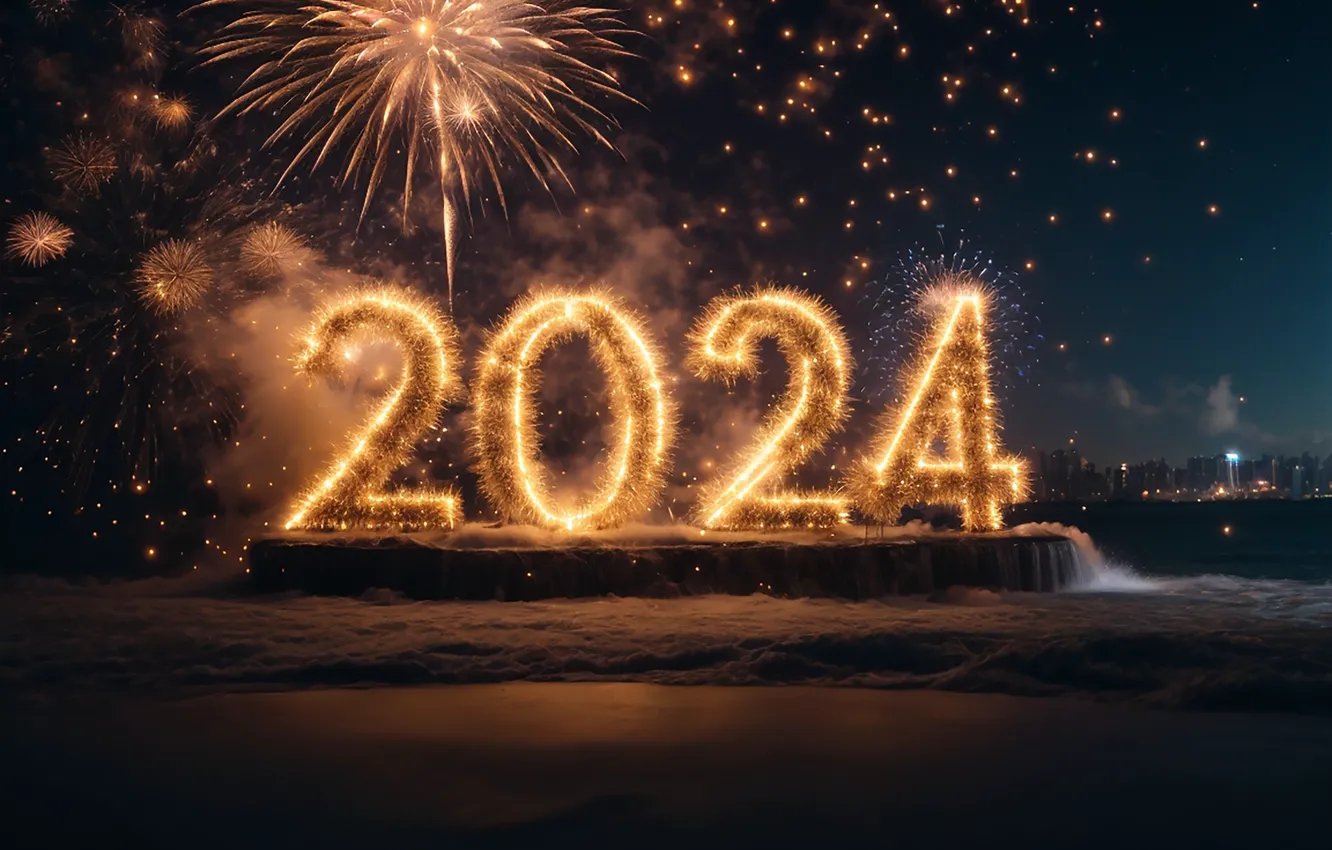 Фото обои салют, цифры, Новый год, golden, numbers, New year, 2024, fieworks