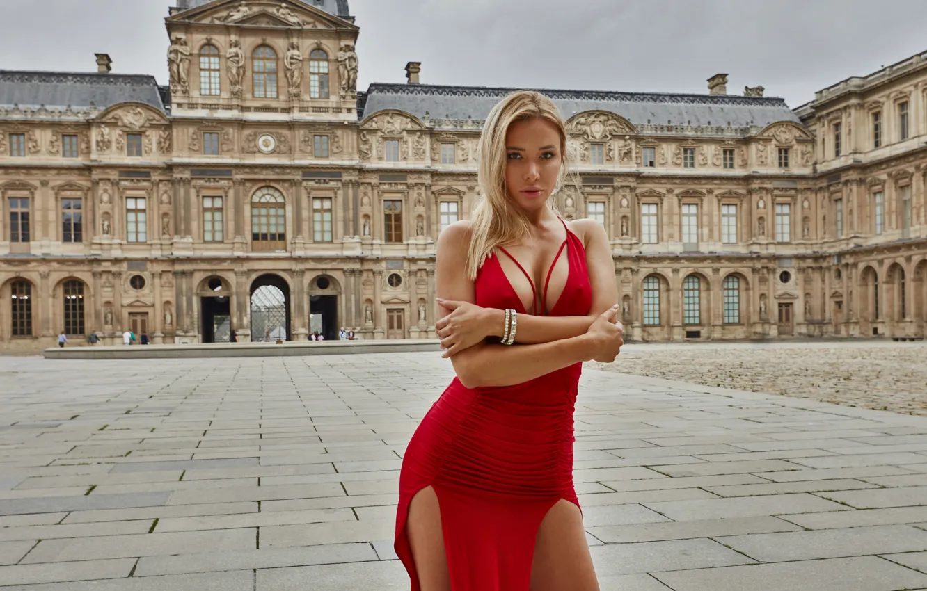 Фото обои red, cleavage, dress, woman, photo, model, blonde, floor