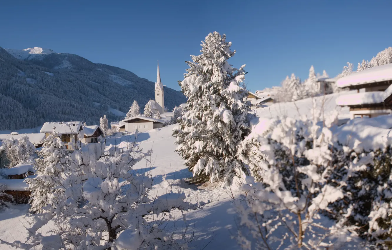 Фото обои зима, снег, деревья, пейзаж, горы, природа, дома, Австрия