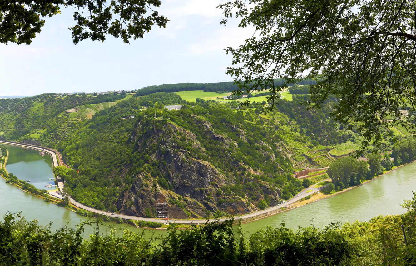 Фото обои небо, деревья, пейзаж, река, холмы, Германия