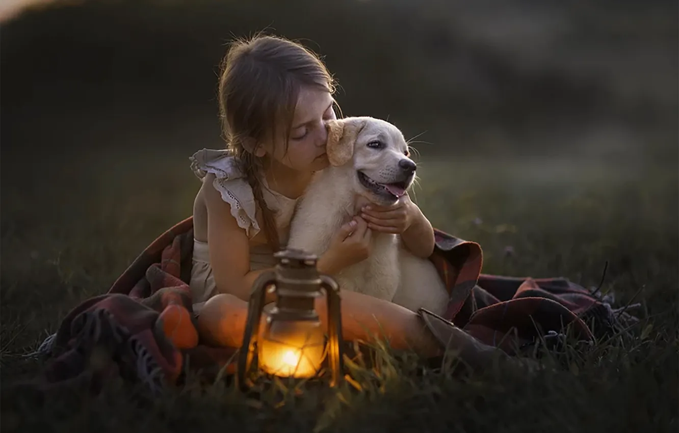 Фото обои лампа, Девочка, щенок