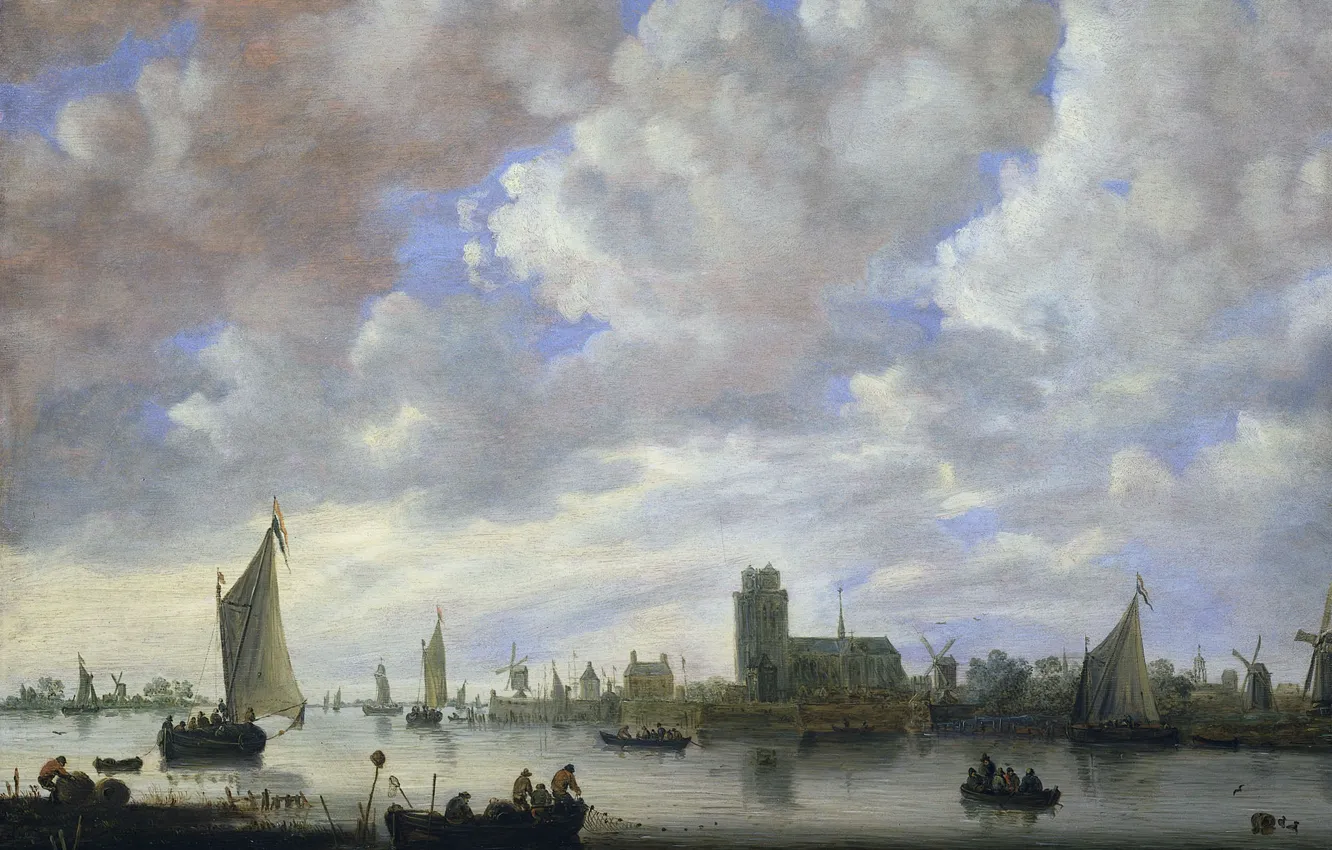 Фото обои облака, лодка, картина, парус, Jeronymus van Diest II, Вид на Мерведе перед Дордрехтом