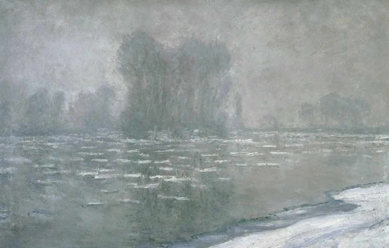 Фото обои пейзаж, картина, Клод Моне, Льдины. Туманное Утро