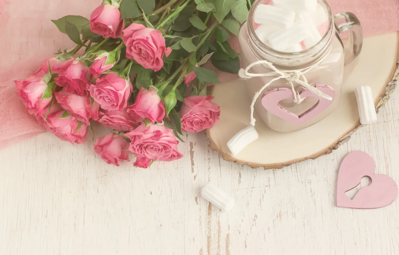 Фото обои розы, букет, кружка, какао, зефир, маршмеллоу, Colnihko