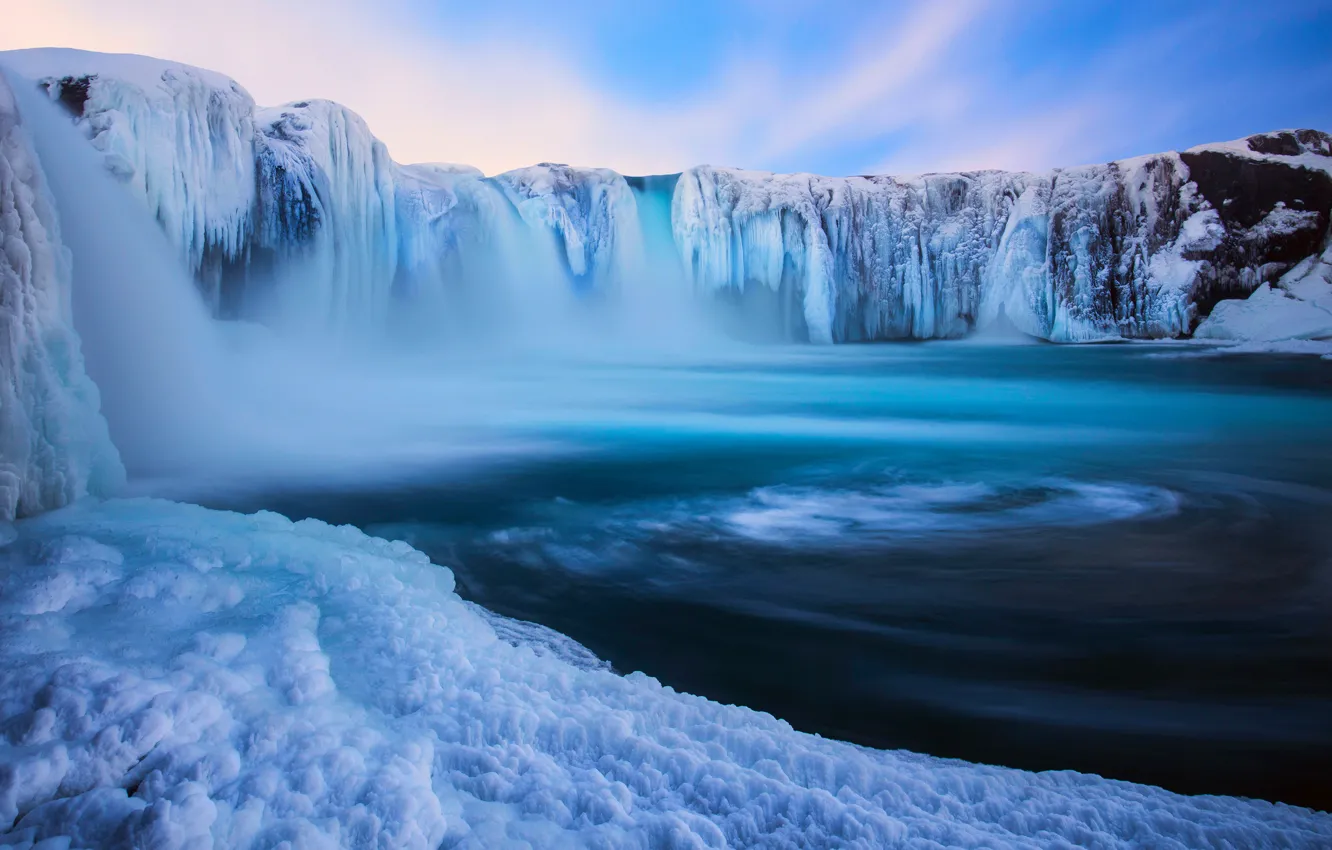 Фото обои зима, снег, природа, водопад, лёд, Исландия, Декабрь, Godafoss