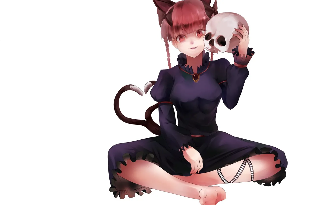 Фото обои череп, черное платье, красные глаза, art, Touhou Project, Rin Kaenbyou, черная магия, Проект Восток