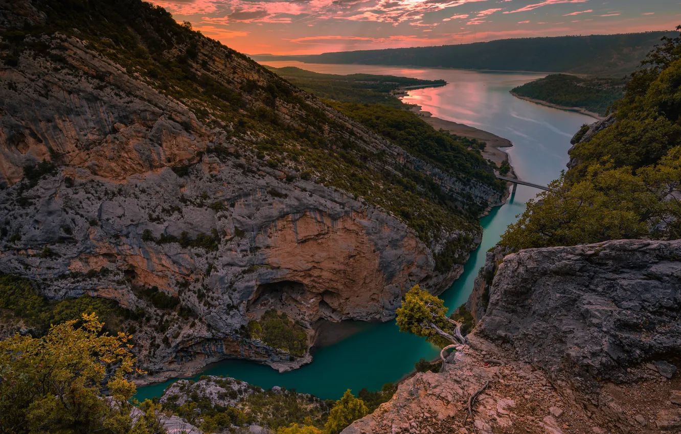 Фото обои мост, горы, France, деревья, Constant Favier, Verdon Gorge, скалы, река