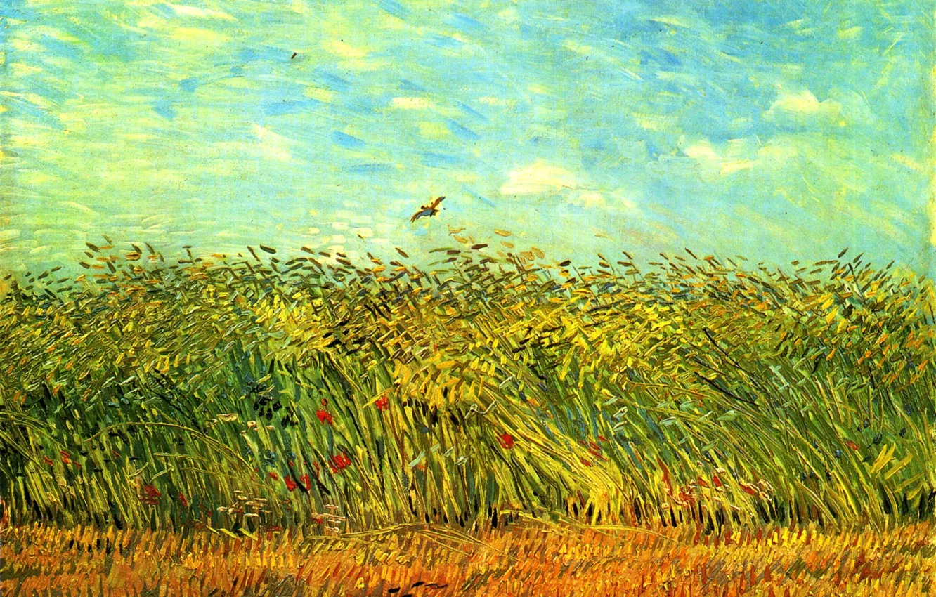 Фото обои небо, цветы, птица, колосья, Vincent van Gogh, Wheat Field with a Lark