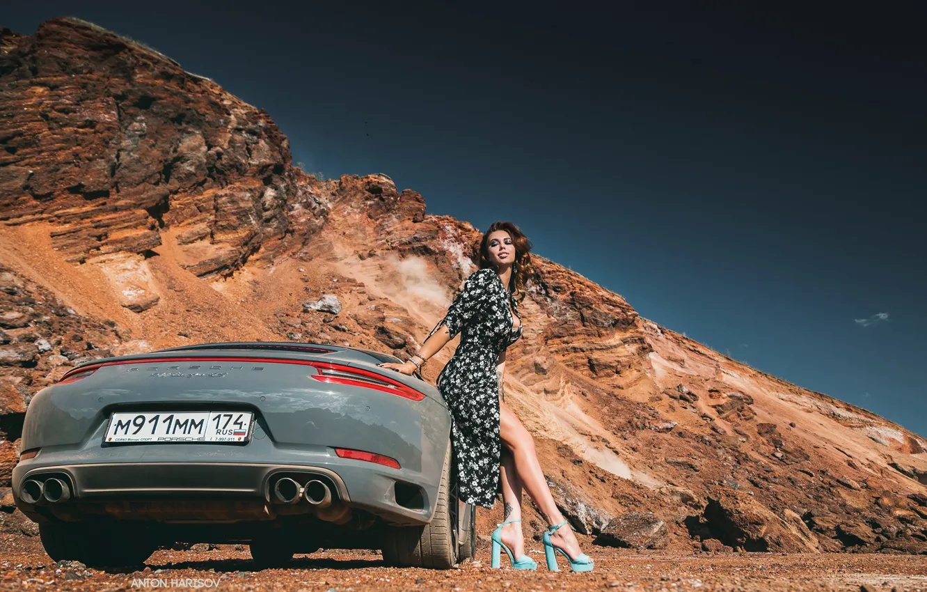 Фото обои машина, авто, девушка, поза, Porsche, платье, ножки, Антон Харисов