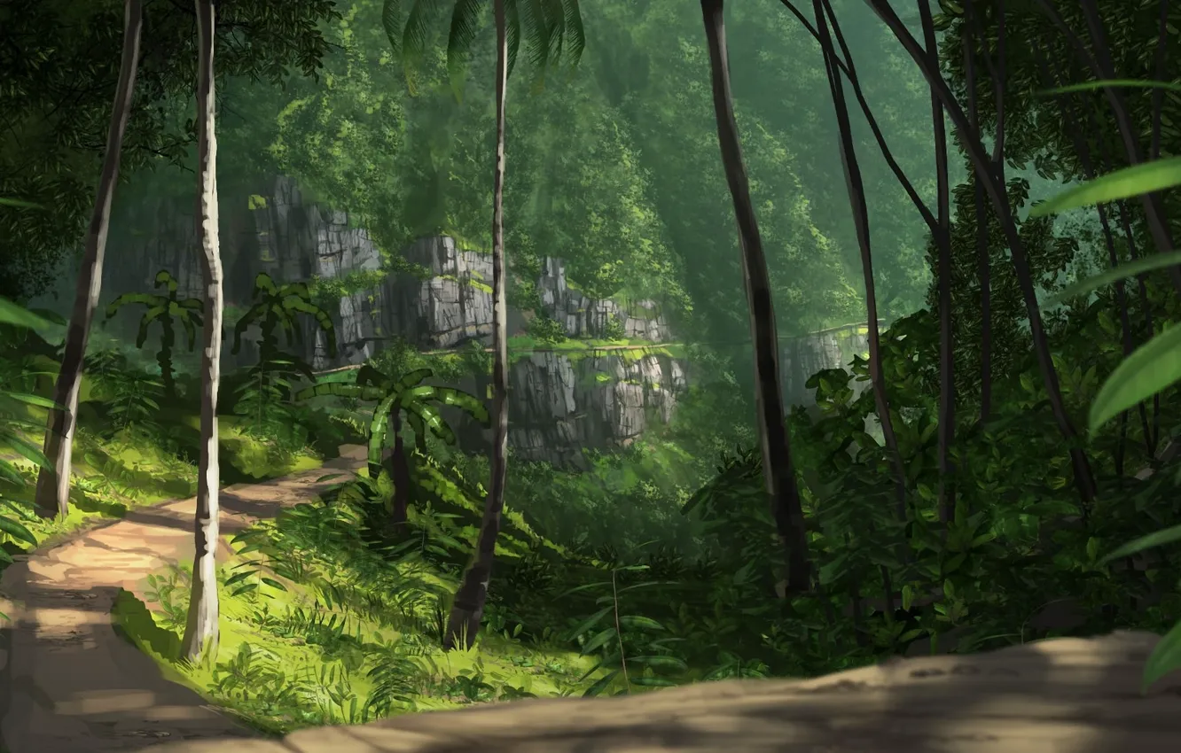 Фото обои дорога, зелень, деревья, природа, пальмы, скалы, джунгли, арт