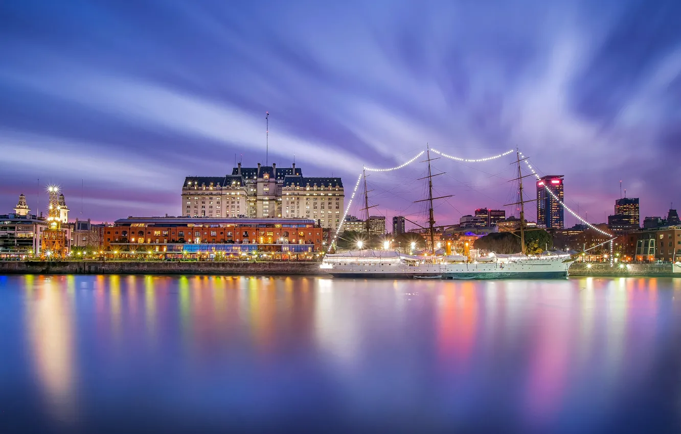 Фото обои twilight, sunset, Argentina, dusk, ship, downtown, harbour, blue hour