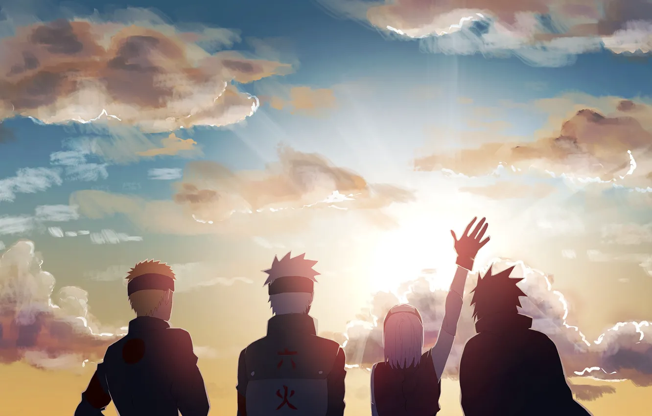 Фото обои солнце, рассвет, утро, Naruto, team 7, Uchiha Sasuke, Hatake Kakashi, Haruno Sakura