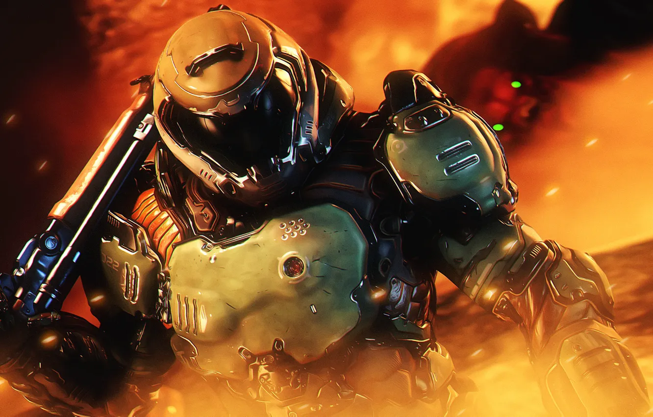 Фото обои шлем, броня, shotgun, doom, protagonist, Doomguy