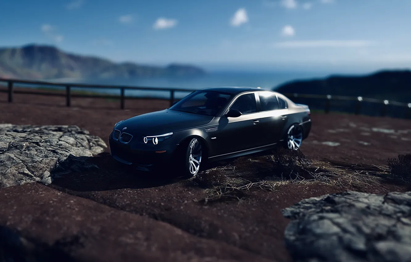 Фото обои HDR, BMW, Clouds, Sky, Game, E60, Rocks, 5er