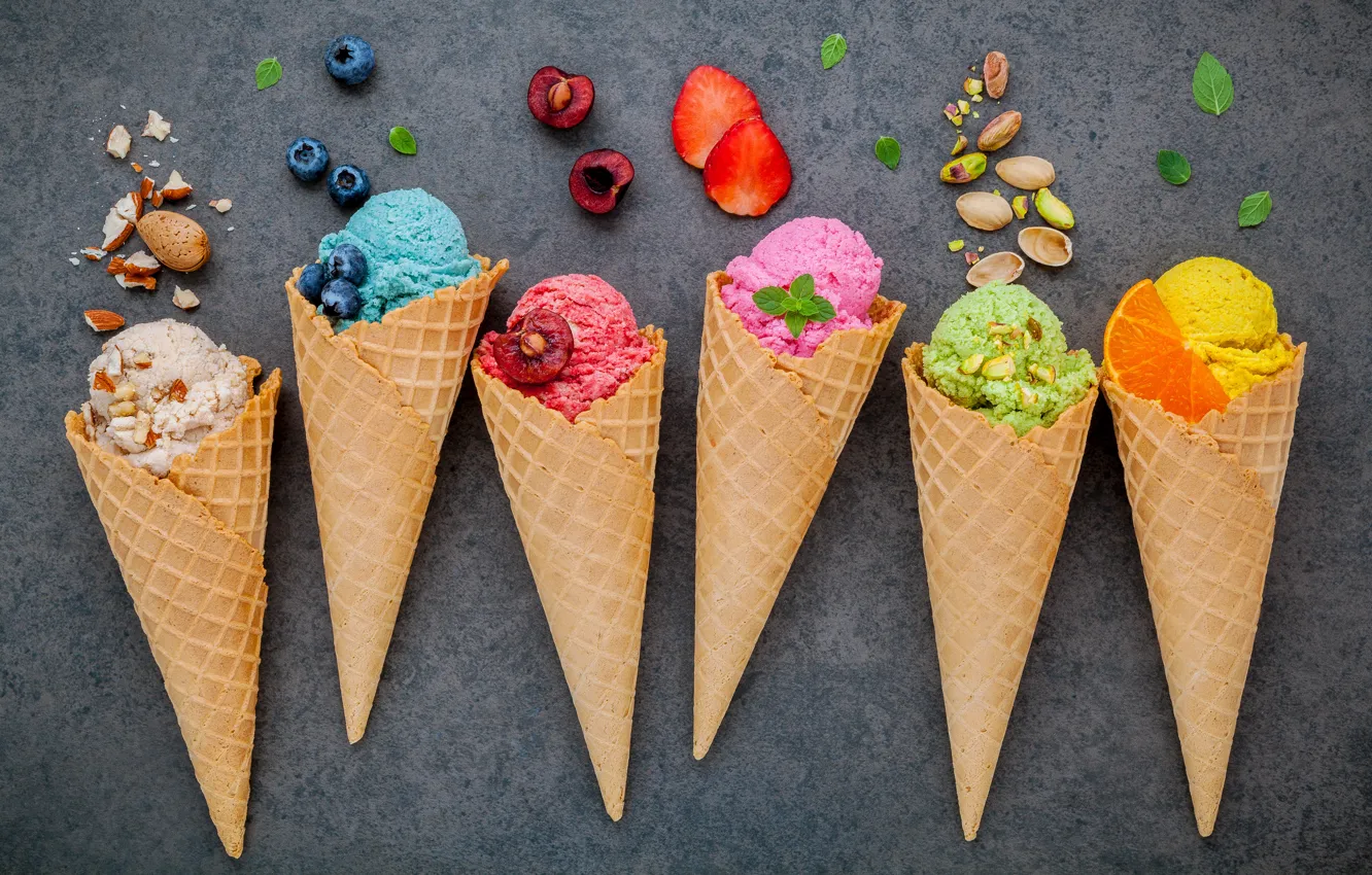 Фото обои ягоды, colorful, мороженое, фрукты, рожок, fruit, berries, ice cream