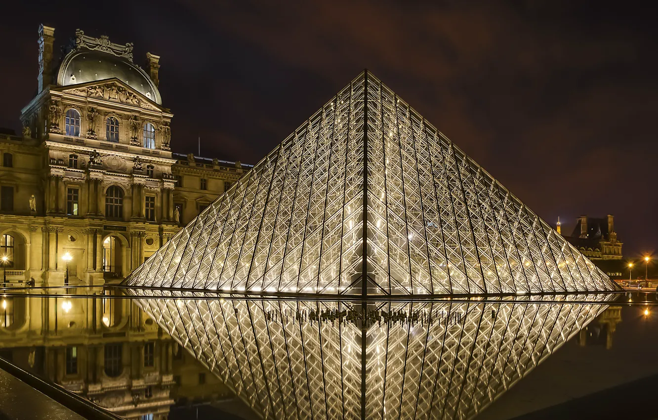 Фото обои ночь, город, огни, Франция, Париж, Louvre Pyramid