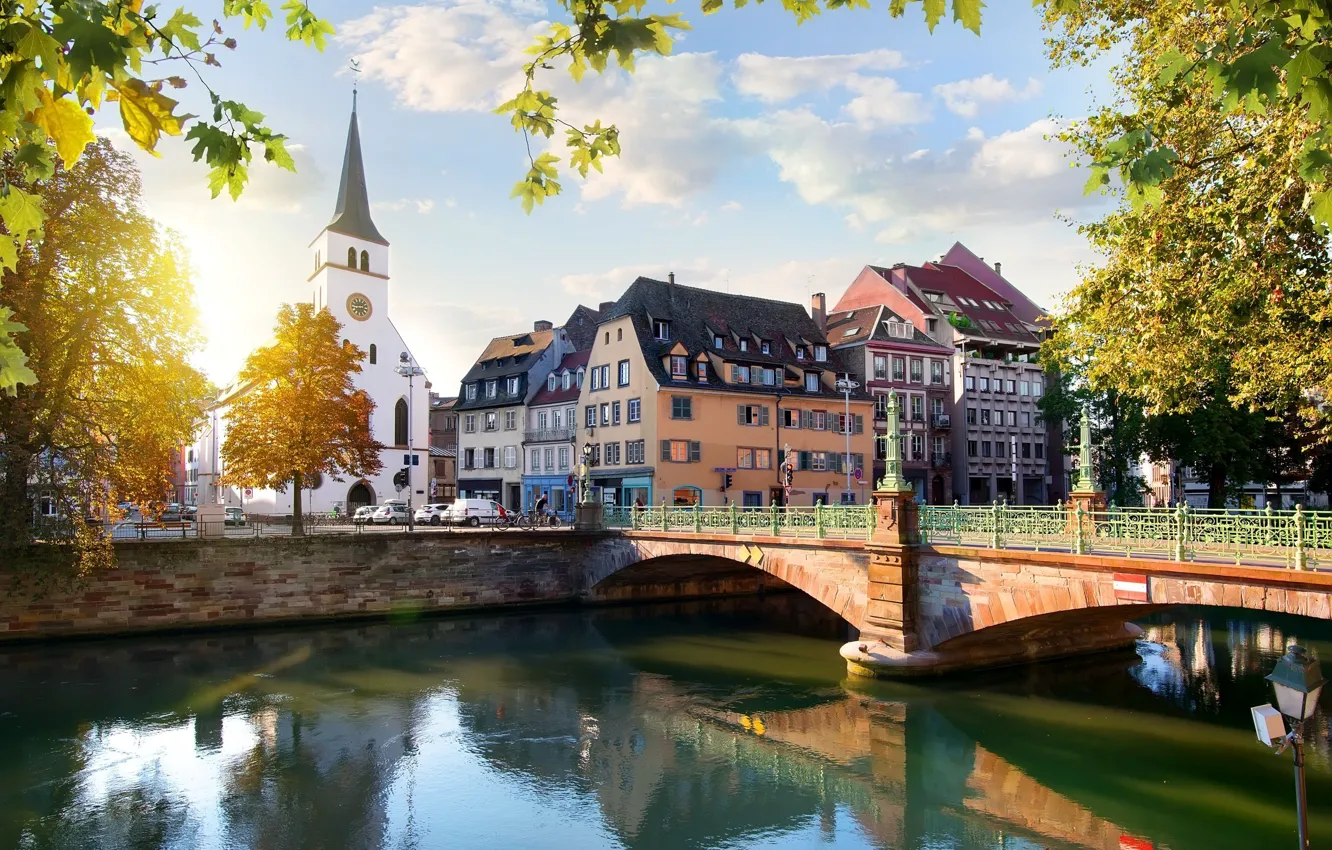 Фото обои солнце, мост, река, Франция, здания, Страсбург