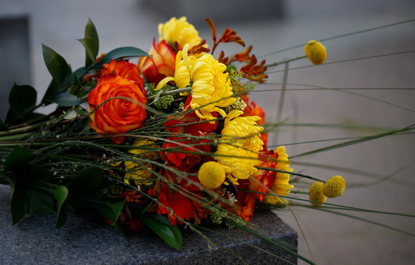 Фото обои листья, цветы, оранжевый, желтый, розы, букет, лежит, хризантемы