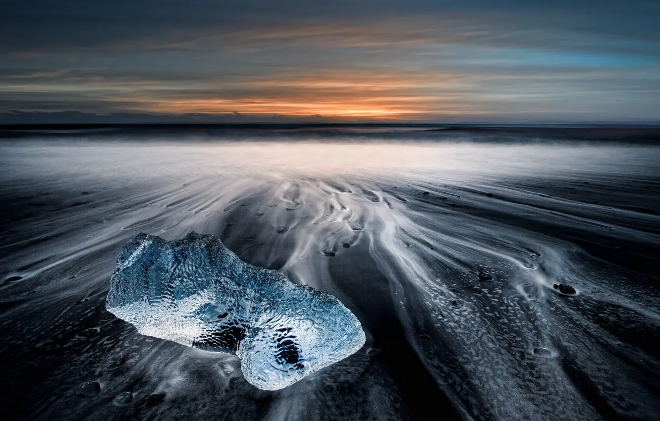 Фото обои море, закат, берег, лёд